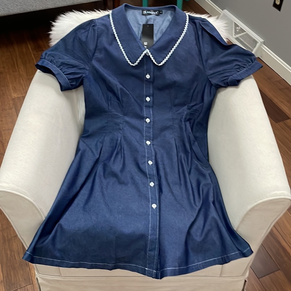 ALLEGRA K DENIM PUFF SLEEVE BUTTON FRONT FLARE A-LINE MINI DRESS - Picture 7 of 14